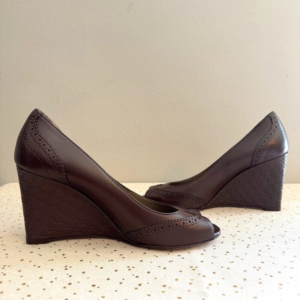 Gucci, Espresso Brown, Wedge Heel, Peep Toe Leather Shoes, Size 38 1/2 - Picture 2 of 10